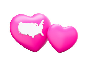 Shiny Pink Hearts With Map Of United States Of America 3d Illustration