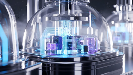 Advanced automated manufacturing process with glowing solutions inside a high-tech laboratory, representing scientific breakthroughs, pharmaceutical development, and future innovation