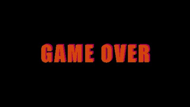 neon game over text in orange and pink colour with RGB distortion effect on black background ideal for game play, video game effects