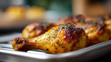 Roasted chicken drumsticks with herbs on metal tray close up
