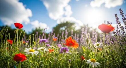 Naklejka premium A vibrant field of colorful flowers with a blue sky and white clouds as the background.