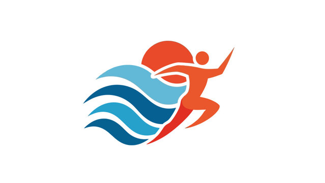 Dynamic person running with flowing waves and sun in the background from a modern abstract perspective