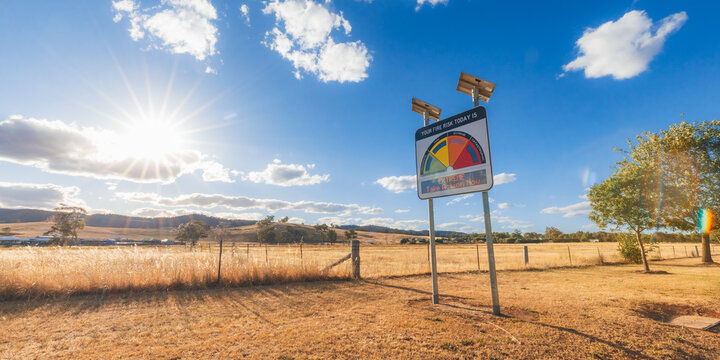 Extreme fire danger risk warning sign beside dry paddock on total fire ban day in rural