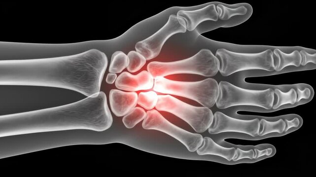 X ray view of a human wrist with a highlighted red area indicating pain and injury on a black background.