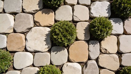 Stone pathway with round bushes in a geometric arrangement  