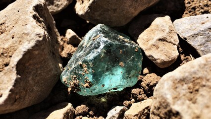 Natural blue gemstone resting among gravel and rocks  