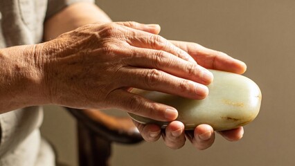 Elderly person gently holding jade stone in calm indoor setting  