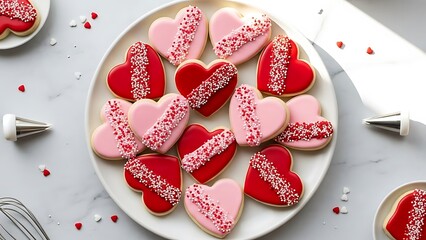 Overhead Valentine Sugar Cookies on White Plate with Pink and Red Royal Icing