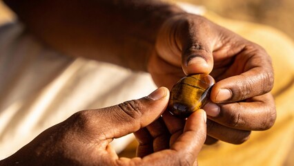 Hands holding a polished tiger's eye gemstone in natural light  