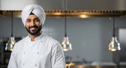 A chef in a white uniform stands confidently in a modern kitchen with stainless steel appliances and hanging lights.