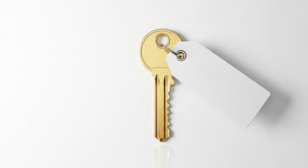 A golden key with a white tag hanging from it on a white background.