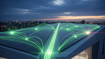 Futuristic City Rooftop with Green Network Connections at Dusk.