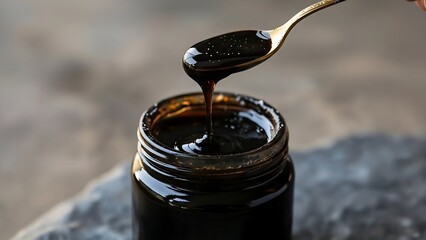 Shilajit resin dripping from spoon into glass jar