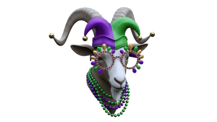 Goat Wearing Mardi Gras Hat, Beads, and Festive Glasses
