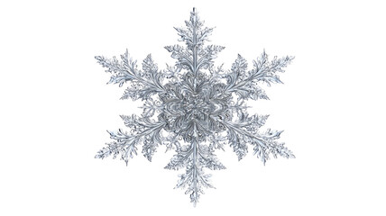 Detailed icy snowflake crystal with symmetrical winter frost pattern macro illustration isolated on white background