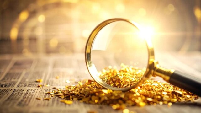 A magnifying glass examines a pile of golden flakes over a newspaper, with a blurred, gold bokeh background