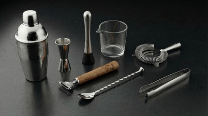 Professional Bartender Tools Set with Cocktail Shaker Jigger Strainer and Bar Utensils on Dark Background