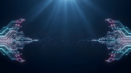 Abstract glowing circuit board patterns with futuristic technology on a dark blue background