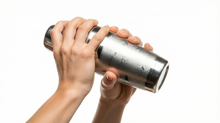 Bartender Hands Shaking Stainless Steel Cocktail Shaker Isolated on White Background