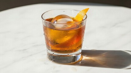 Classic Old Fashioned Cocktail with Ice and Orange Peel on Marble Table Celebrating World Bartender Day