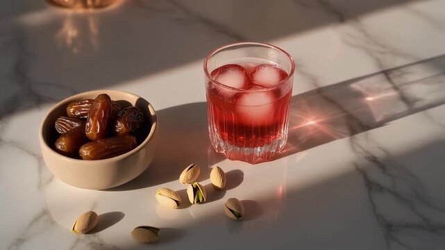 Cinematic Modern Iftar Table Setup - Dates, Red Drink, and Pistachios on Marble - Ramadan Fasting Break
