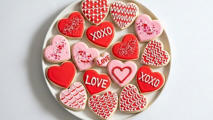 Overhead Valentine Sugar Cookies on White Plate with Pink and Red Royal Icing