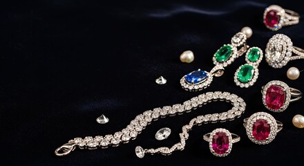 A collection of luxurious gemstone jewelry on a dark background.