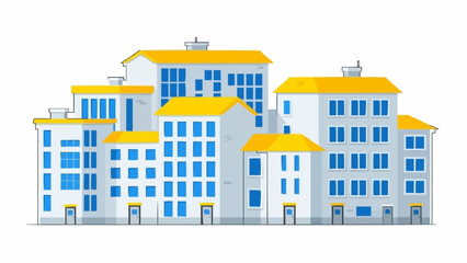 Modern Apartment Buildings With Yellow Roofs And Blue Windows.