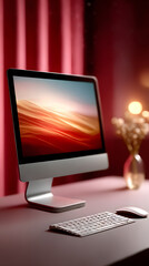 Modern desktop computer mockup on desk with red background