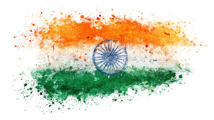 Indian national flag with watercolor paint splatter texture and grunge brush stroke style isolated on white background