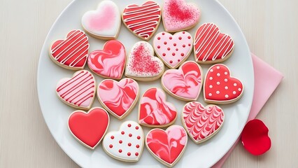 Overhead Valentine Sugar Cookies on White Plate with Pink and Red Royal Icing