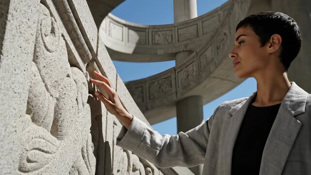 Woman touches stone monument at historic architecture site outdoors. Professional examines monument carving closely. Woman explores stone sculpture at heritage site. Tourist touches historic monument.