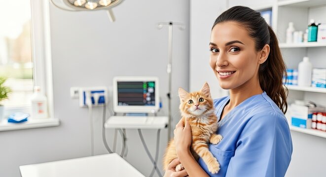 A young woman in a blue uniform holding a ginger kitten in a veterinary clinic.