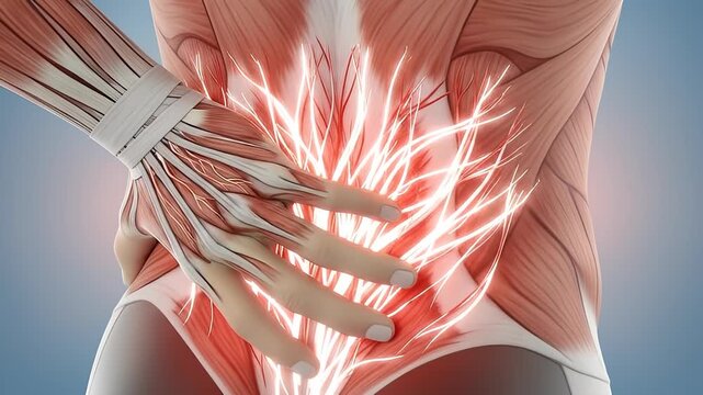 Detailed anatomical illustration showing the muscles and nerves of the lower back experiencing pain, highlighted with glowing red.