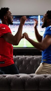 Two excited men in opposing jerseys cheer intensely, watching football on a big TV