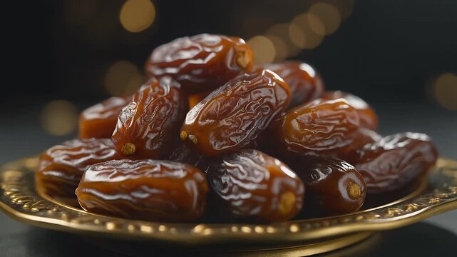 Extreme Cinematic Macro Shot of Premium Ajwa Dates on Ornate Gold Plate - Holy Prophet Dates for Ramadan