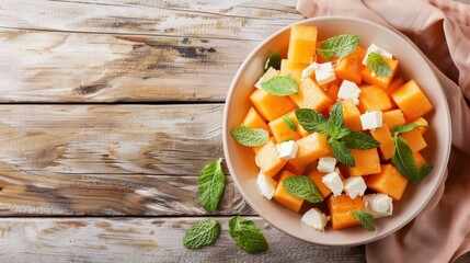 A vibrant salad featuring cantaloupe cubes, feta cheese, mint leaves, and honey-lime vinaigrette.