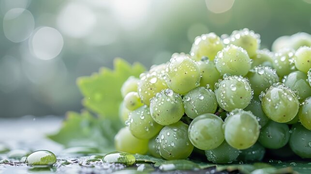 A close-up shot of a grape cluster with glistening green grapes. - Powered by Adobe