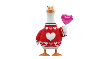 Goose in a Valentine's sweater holding a heart lollipop