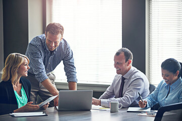 Laptop, meeting or business people with tablet in boardroom, finances review or company tax...