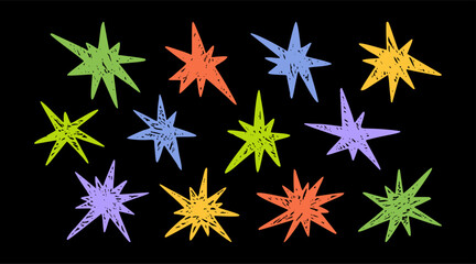Cute Chalk Hand Drawn Star Set. Whimsical celestial doodles with rough pastel textures. Playful sketched icons feature organic crayon finishes for childish designs, collages, and creative background.