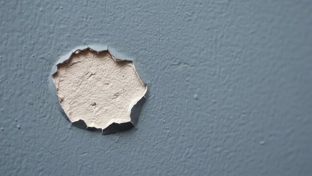 Close-up of a hole in a gray wall with peeling paint