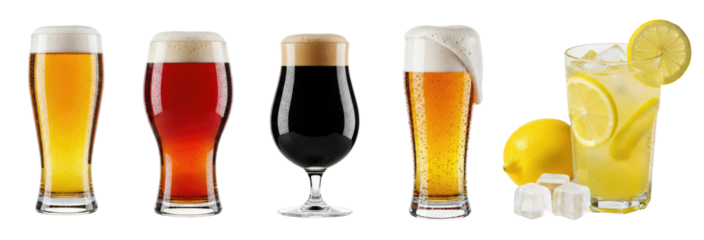Three glasses of beer in a row, each with a different color: light, amber, and dark. The beer concept of variety and taste.