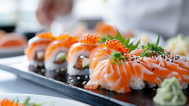 A vibrant sushi platter featuring various salmon preparations. - Powered by Adobe