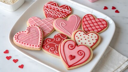 Overhead Valentine Sugar Cookies on White Plate with Pink and Red Royal Icing