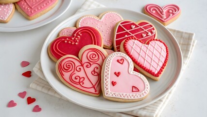 Overhead Valentine Sugar Cookies on White Plate with Pink and Red Royal Icing