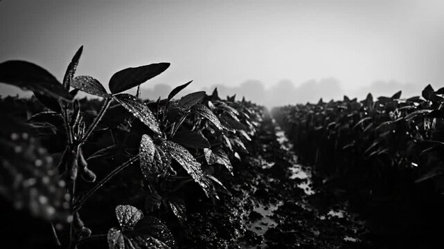 Raindrops glistening on plants growing in a wet field, creating a moody, atmospheric black and white landscape.