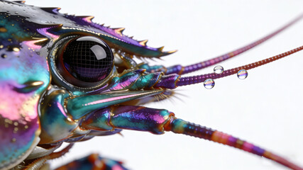 Surreal Macro: Jewel-Toned Lobster Eye & Antenna with Water Droplets (Hyperrealistic 3D Art)