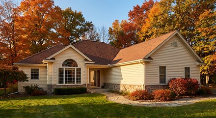 Cozy single-story house with autumn foliage and manicured lawn