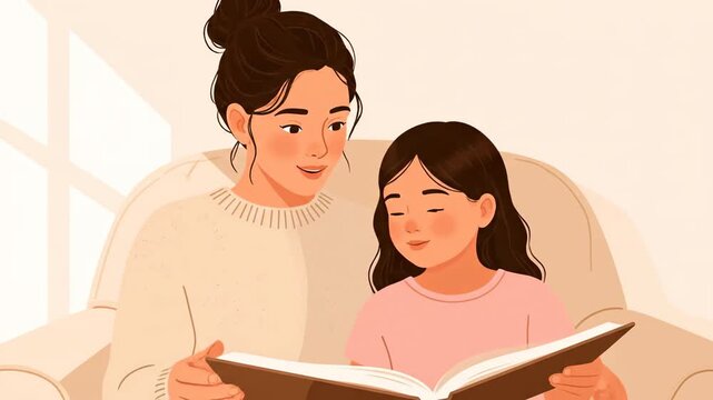 Mother and daughter bonding reading a storybook illustration